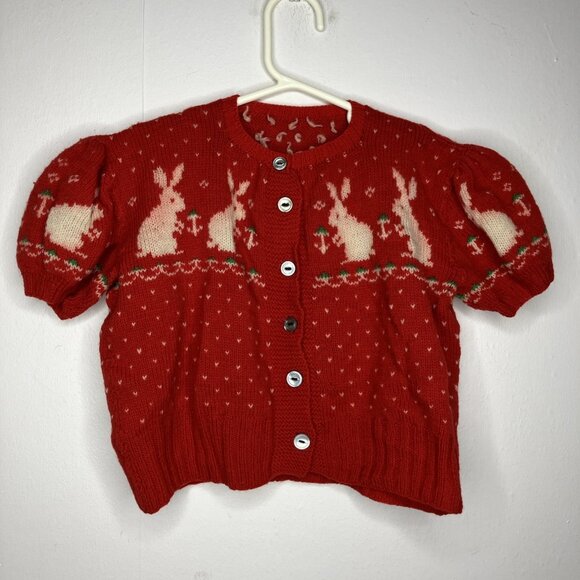 Vintage Other - Vintage Knit Cardigan Sweater Bunny Rabbit Red Girls 2T Toddler